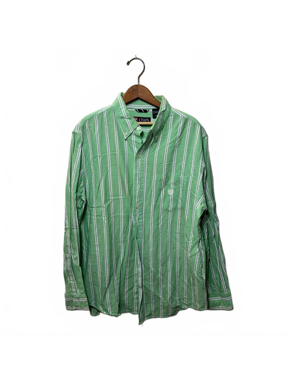 Chaps Green Striped Oxford Shirt Crest Logo L